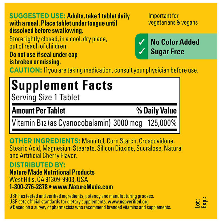 Nature Made Vitamin B12 3000 mcg, Easy to Take Sublingual B12 for Energy Metabolism Support, 40 Sugar Free Fast Dissolve Tablets, 40 Day Supply