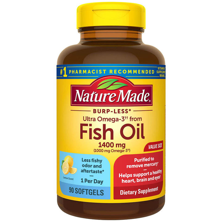 Nature Made Burp Less Ultra Omega 3 Fish Oil 1400 mg, Fish Oil Supplements, Omega 3 Supplement for Healthy Heart, Brain and Eyes Support, One Per Day, 90 Softgels