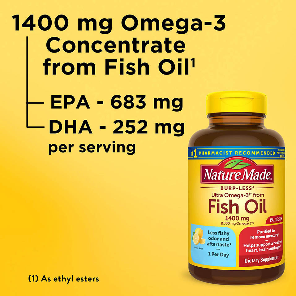 Nature Made Burp Less Ultra Omega 3 Fish Oil 1400 mg, Fish Oil Supplements, Omega 3 Supplement for Healthy Heart, Brain and Eyes Support, One Per Day, 90 Softgels