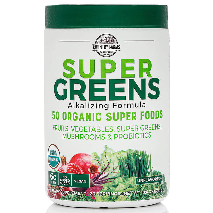 Country Farms Super Greens Natural Flavor, 50 Organic Super Foods, USDA Organic Drink Mix, Mushrooms & Probiotics, Supports Energy, 20 Servings, 10.6 Oz