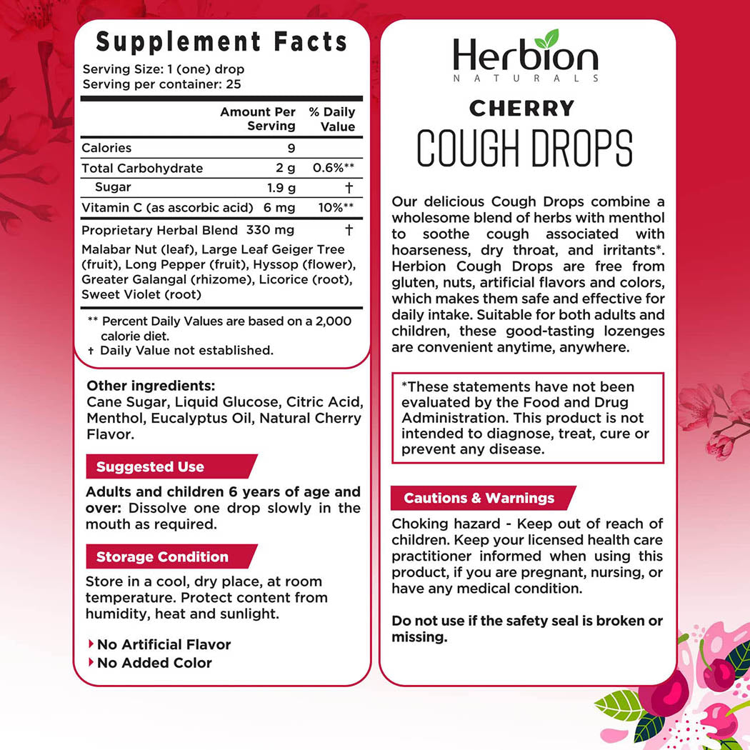 Herbion Naturals Cough Drops Cherry Flavor 25 Count Bag