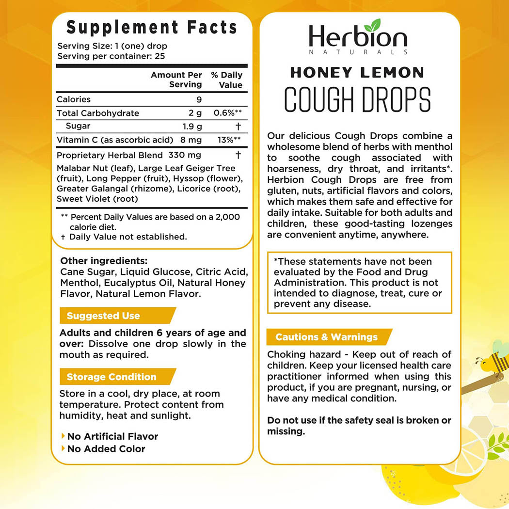 Herbion Naturals Cough Drops with Natural Honey Lemon Flavor, Dietary Supplement, for Adults and Children Over 6 Years, 25 Drops