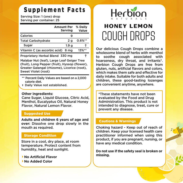 Herbion Naturals Cough Drops with Natural Honey Lemon Flavor, Dietary Supplement, for Adults and Children Over 6 Years, 25 Drops