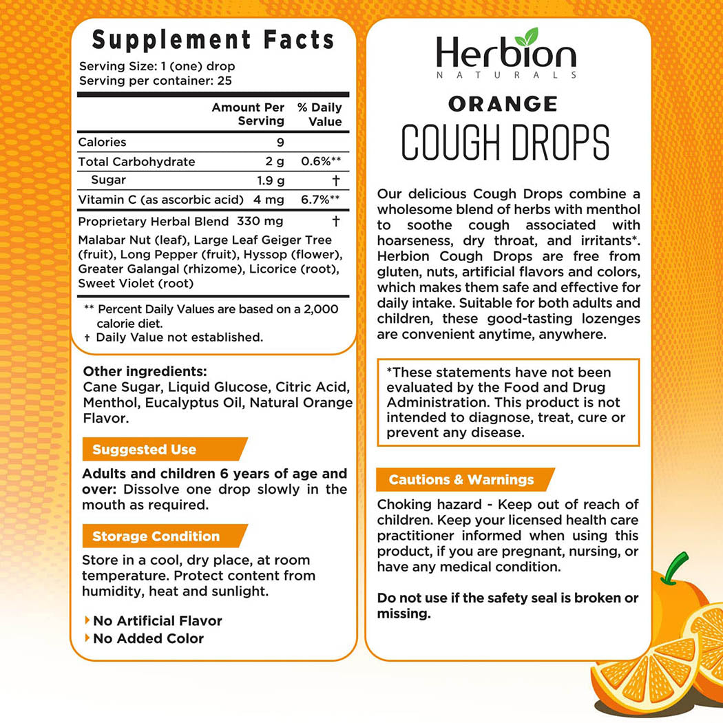 Herbion Naturals Cough Drops with Natural Orange Flavor, Dietary Supplement, Soothes Cough, for Adults and Children Over 6 Years, 25 Drops, No Artificial Flavor, No Added Color.