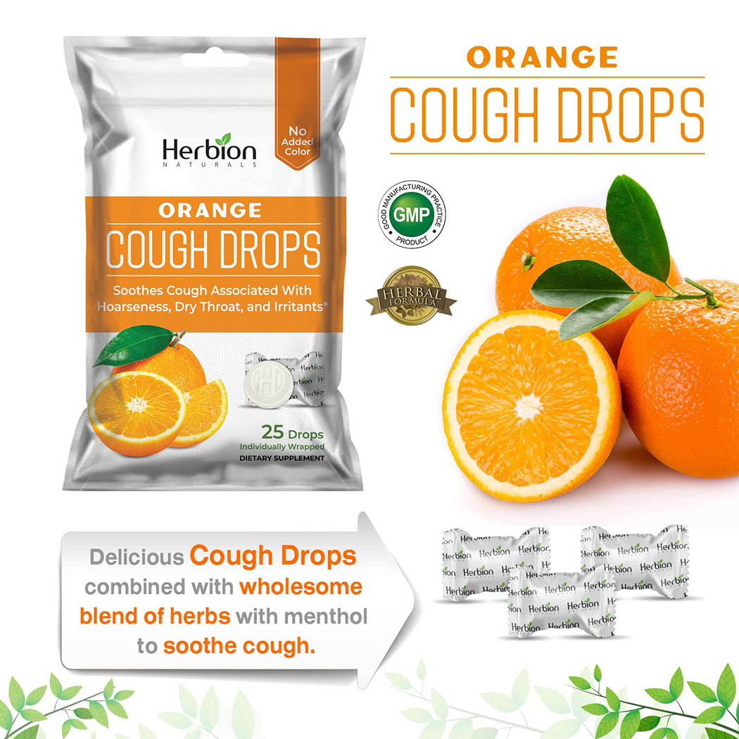 Herbion Naturals Cough Drops with Natural Orange Flavor, Dietary Supplement, Soothes Cough, for Adults and Children Over 6 Years, 25 Drops, No Artificial Flavor, No Added Color.