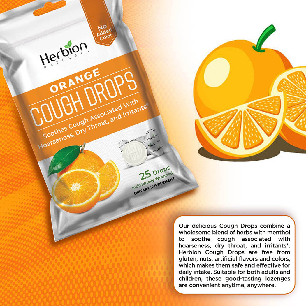 Herbion Naturals Cough Drops with Natural Orange Flavor, Dietary Supplement, Soothes Cough, for Adults and Children Over 6 Years, 25 Drops, No Artificial Flavor, No Added Color.