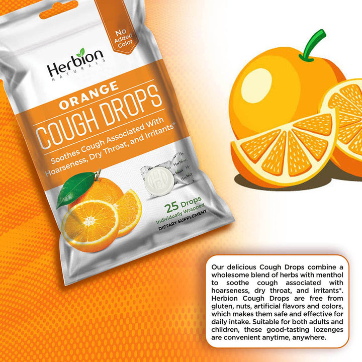 Herbion Naturals Cough Drops with Natural Orange Flavor, Dietary Supplement, Soothes Cough, for Adults and Children Over 6 Years, 25 Drops, No Artificial Flavor, No Added Color.