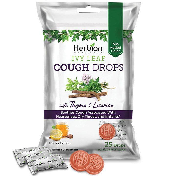 Herbion Naturals Ivy Leaf Cough Drops with Thyme & Licorice, Honey Lemon Flavor, Soothes Cough, for Adults & Children Over 6 Years, 25 Drops