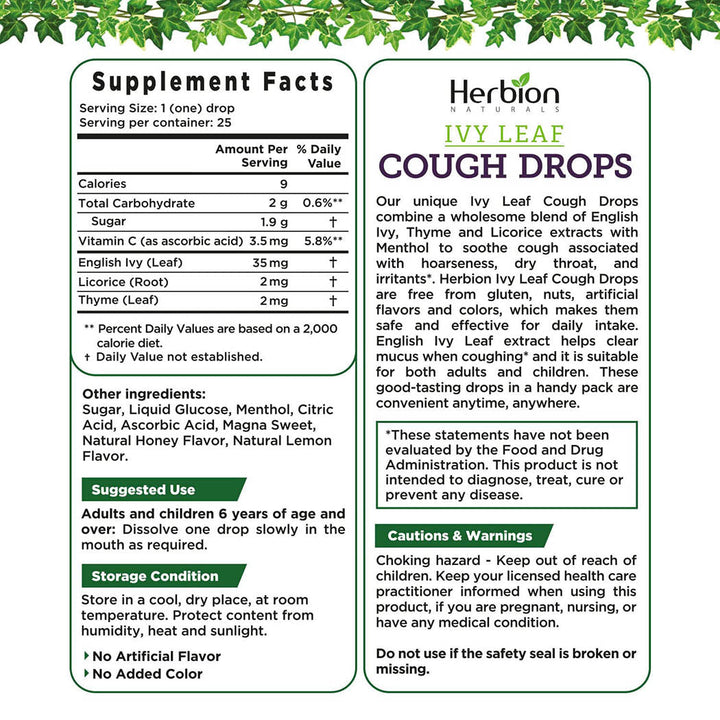 Herbion Naturals Ivy Leaf Cough Drops with Thyme & Licorice, Honey Lemon Flavor, Soothes Cough, for Adults & Children Over 6 Years, 25 Drops