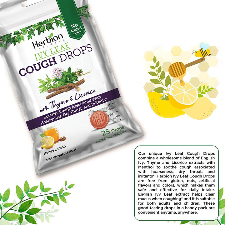 Herbion Naturals Ivy Leaf Cough Drops with Thyme & Licorice, Honey Lemon Flavor, Soothes Cough, for Adults & Children Over 6 Years, 25 Drops