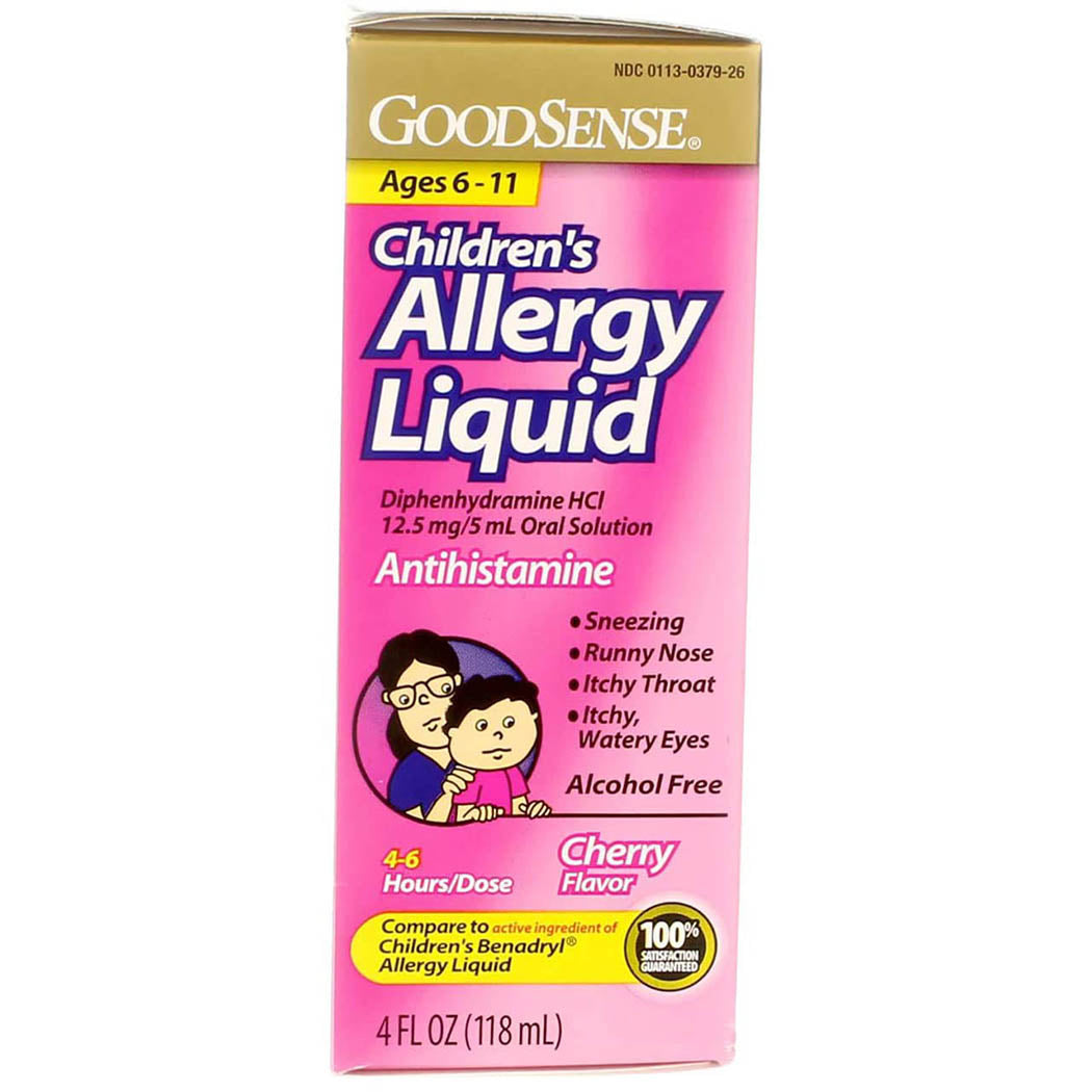 GoodSense Children's Allergy Relief, Diphenhydramine HCl 12.5 mg/5 mL Oral Solution, Antihistamine, Cherry Flavor, 4 Ounces