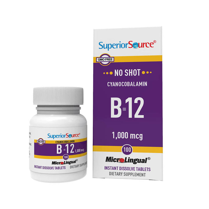 Superior Source No Shot Vitamin B12 Cyanocobalamin 1000 mcg, Quick Dissolve Sublingual Tablets, 100 Count, B12 Supplement to Increase Metabolism and Energy Production, Nervous System Support, Non-GMO