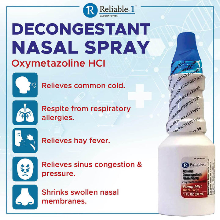 Reliable-1 Laboratories Nasal Spray 12 Hour Relief Nasal Decongestant | Rapid and Powerful Sinus Relief Nose Spray | Pump Mist Anti Drip Congestion Relief | Oxymetazoline HCI | 1 Fl Oz