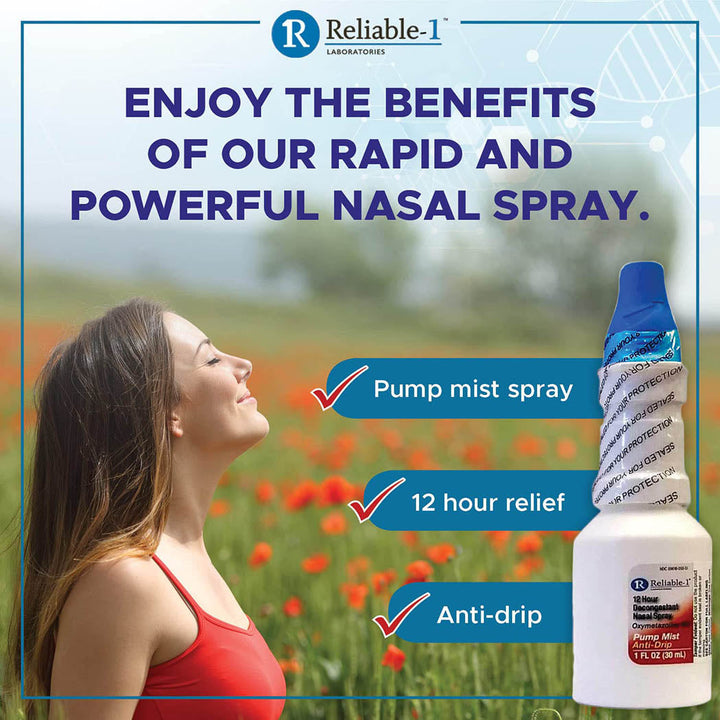 Reliable-1 Laboratories Nasal Spray 12 Hour Relief Nasal Decongestant | Rapid and Powerful Sinus Relief Nose Spray | Pump Mist Anti Drip Congestion Relief | Oxymetazoline HCI | 1 Fl Oz