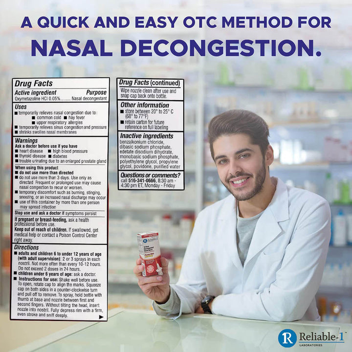 Reliable-1 Laboratories Nasal Spray 12 Hour Relief Nasal Decongestant | Rapid and Powerful Sinus Relief Nose Spray | Pump Mist Anti Drip Congestion Relief | Oxymetazoline HCI | 1 Fl Oz