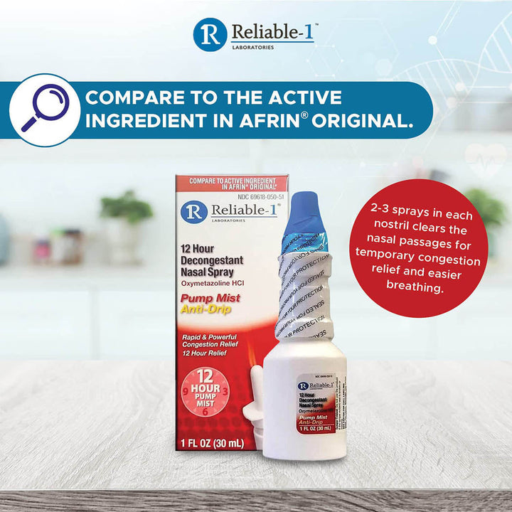 Reliable-1 Laboratories Nasal Spray 12 Hour Relief Nasal Decongestant | Rapid and Powerful Sinus Relief Nose Spray | Pump Mist Anti Drip Congestion Relief | Oxymetazoline HCI | 1 Fl Oz