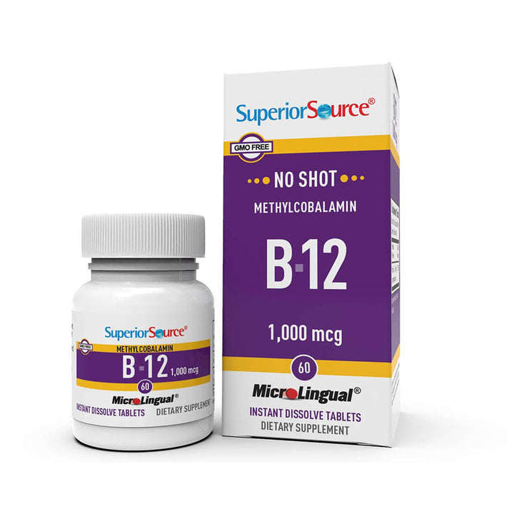 Superior Source No Shot Vitamin B12 Methylcobalamin 1000 mcg, Quick Dissolve MicroLingual Tablets, 60 Count, Active Form of B12, Supports Energy Production, Nervous System Support, Non-GMO