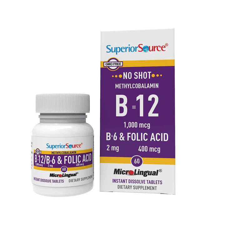 Superior Source No Shot Vitamin B12 Methylcobalamin (1000 mcg), B6, Folic Acid, Quick Dissolve Sublingual Tablets, 60 Ct, Increase Energy, Healthy Heart, Boost Metabolism, Stress Support, Non-GMO