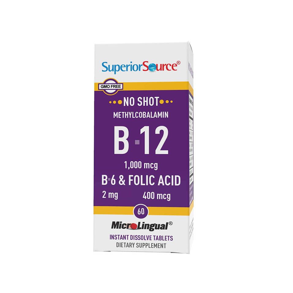 Superior Source No Shot Vitamin B12 Methylcobalamin (1000 mcg), B6, Folic Acid, Quick Dissolve Sublingual Tablets, 60 Ct, Increase Energy, Healthy Heart, Boost Metabolism, Stress Support, Non-GMO