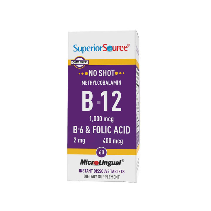 Superior Source No Shot Vitamin B12 Methylcobalamin (1000 mcg), B6, Folic Acid, Quick Dissolve Sublingual Tablets, 60 Ct, Increase Energy, Healthy Heart, Boost Metabolism, Stress Support, Non-GMO