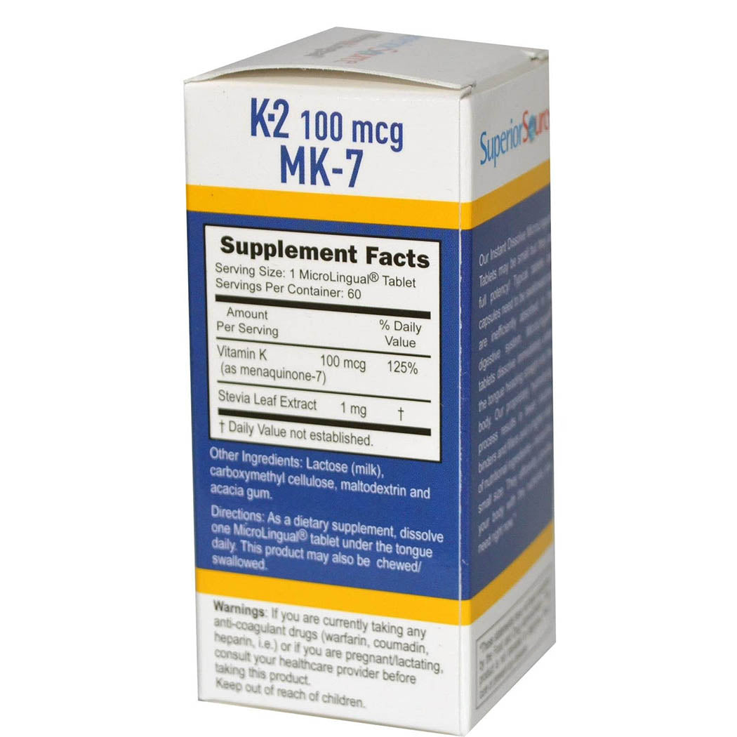 Superior Source Vitamin K2 MK-7 (Menaquinone-7), 100 mcg, Quick Dissolve Sublingual Tablets, 60 Count, Healthy Bones and Arteries, Immune & Cardiovascular Support, Assists Protein Synthesis, Non-GMO