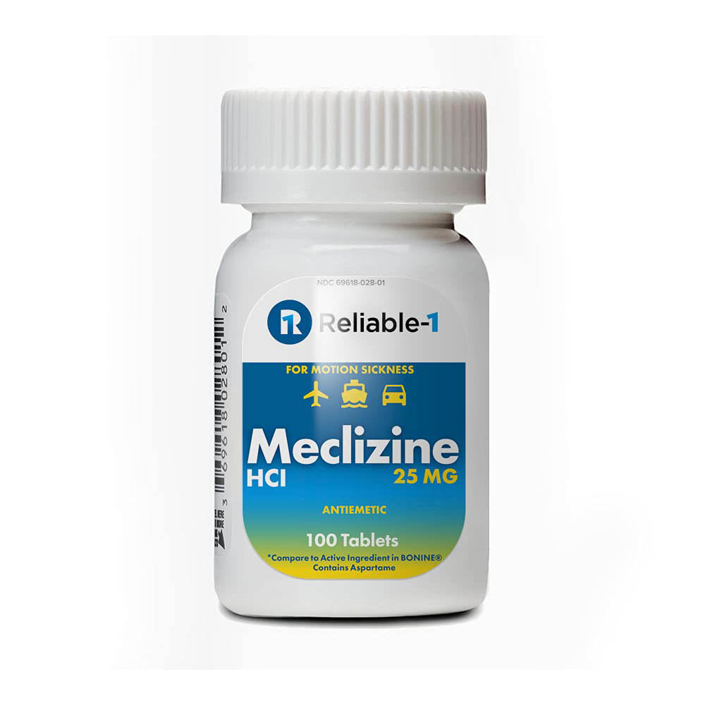 RELIABLE 1 LABORATORIES Meclizine 25 mg Generic Bonine Motion Sickness (100 Chewable Tablets, 1 Bottle) - Prevent nausea, vomiting, and dizziness caused by motion sickness