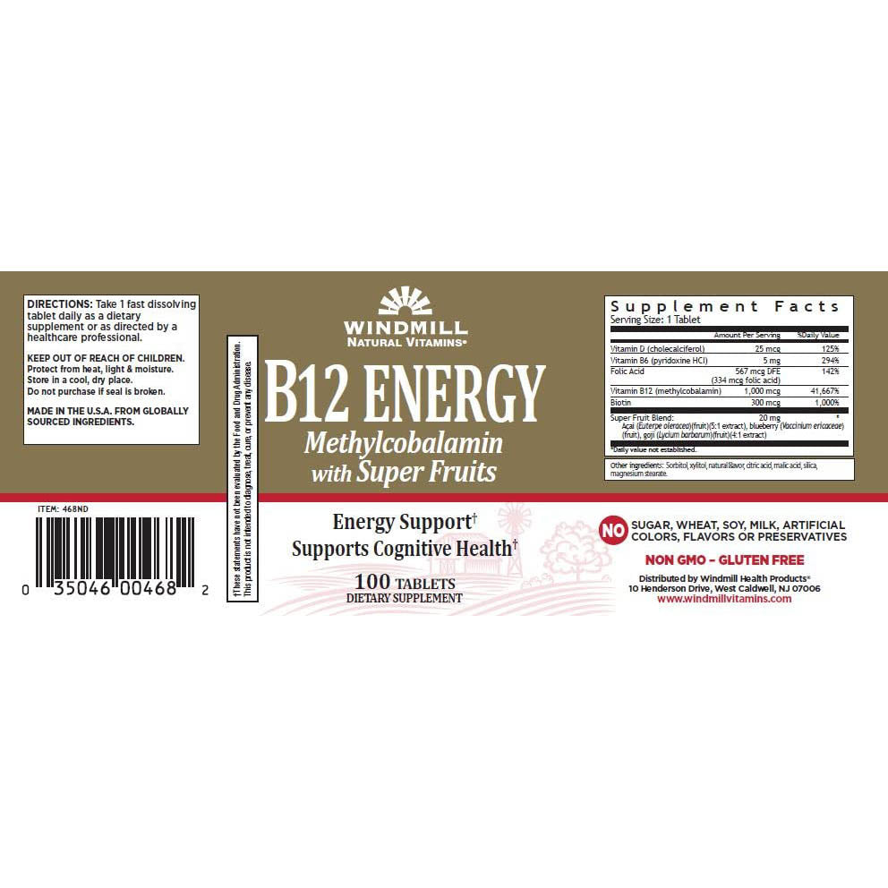 Windmill Vitamin B-12 Energy with Super Fruits Tablets 100 Ea