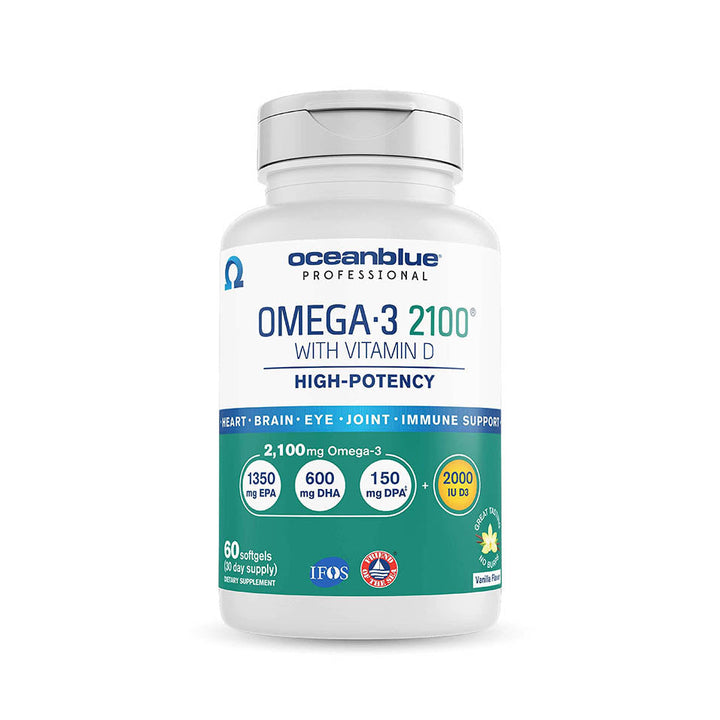 Oceanblue Omega-3 2100 with Vitamin D3 â€“ 60 ct â€“ Triple Strength Burpless Fish Oil Supplement with High-Potency EPA, DHA, DPA, Vitamin D3 â€“ Wild-Caught â€“ Vanilla Flavor (30 Servings)