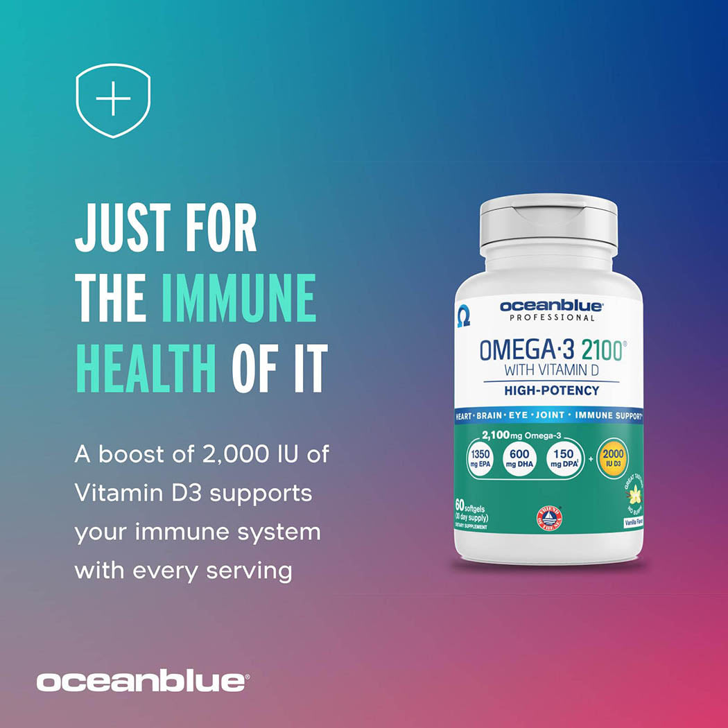 Oceanblue Omega-3 2100 with Vitamin D3 â€“ 60 ct â€“ Triple Strength Burpless Fish Oil Supplement with High-Potency EPA, DHA, DPA, Vitamin D3 â€“ Wild-Caught â€“ Vanilla Flavor (30 Servings)