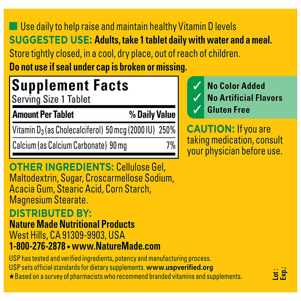 Nature Made Vitamin D3 2000 IU (50 mcg), Dietary Supplement for Bone, Teeth, Muscle and Immune Health Support, 400 Tablets, 400 Day Supply