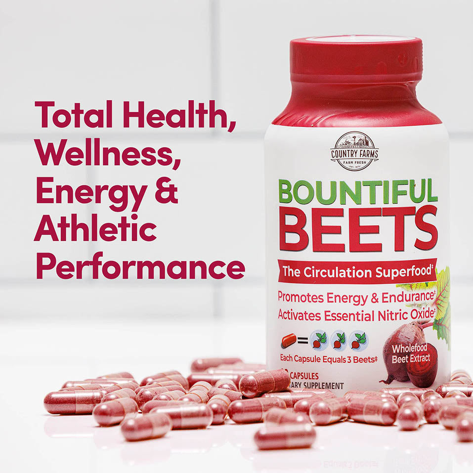 Country Farms Bountiful Beets Root Capsules, Wholefood Beet Extract Superfood, Natural Nitric Oxide Booster, Circulation and Immune Support, 90 Count, 90 Servings