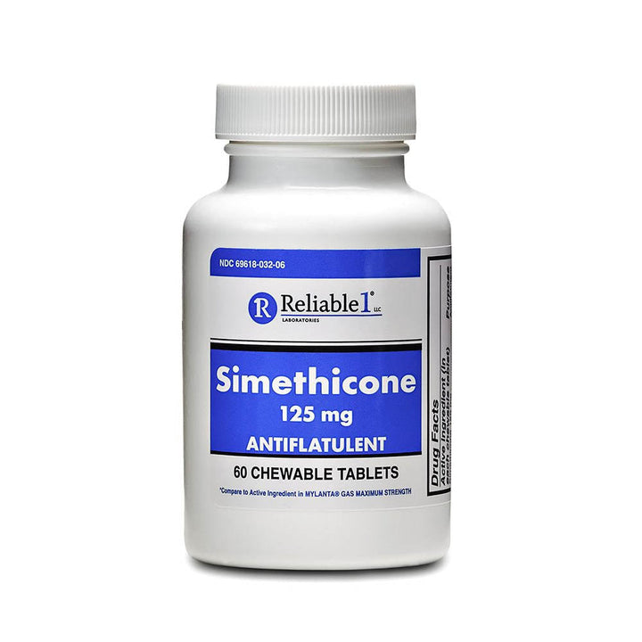 Reliable-1 Laboratories Simethicone 125mg Gas Relief Tablets Extra Strength Bloating Relief Gas Pills | Anti Flatulence, Rapid Gas Relief for Adults | Peppermint Flavor | 60 Chewable Tablets