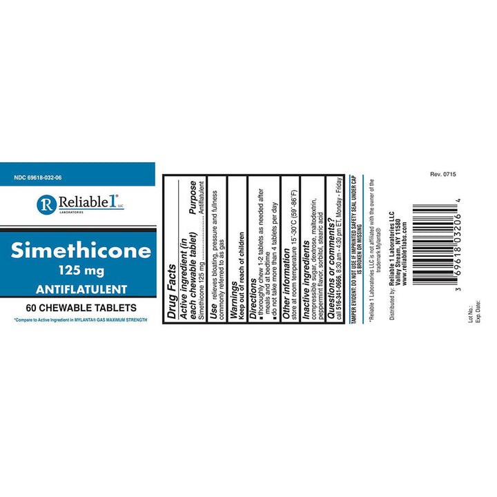 Reliable-1 Laboratories Simethicone 125mg Gas Relief Tablets Extra Strength Bloating Relief Gas Pills | Anti Flatulence, Rapid Gas Relief for Adults | Peppermint Flavor | 60 Chewable Tablets