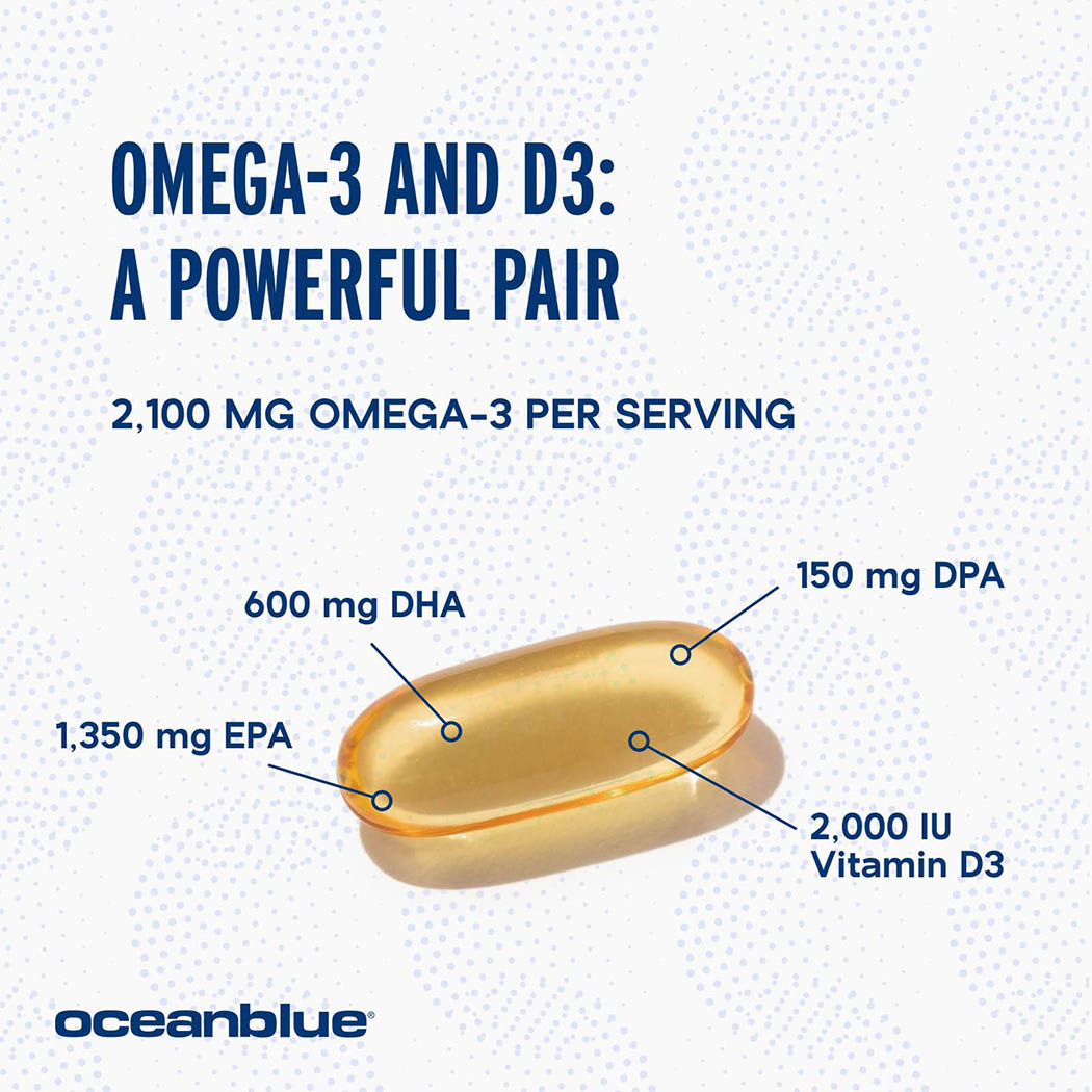 Oceanblue Omega-3 2100 with Vitamin D3 â€“ 120 ct â€“ Triple Strength Burpless Fish Oil Supplement with High-Potency EPA, DHA, DPA and Vitamin D3-60 Servings