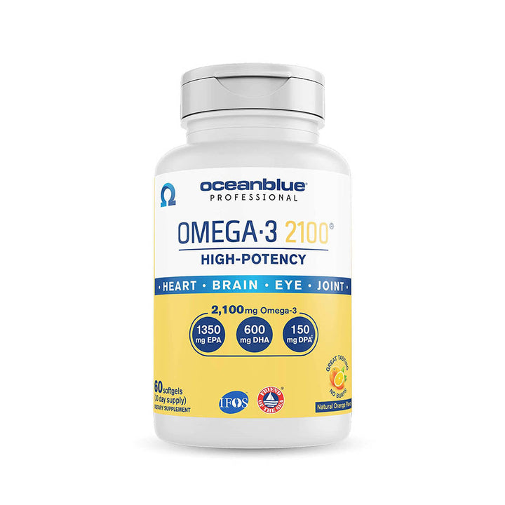 OceanBlue Omega-3 2100 â€“ 60 ct â€“ Triple Strength Burpless Fish Oil Supplement with High-Potency EPA, DHA, DPA â€“ Wild-Caught â€“ Orange Flavor (30 Servings)