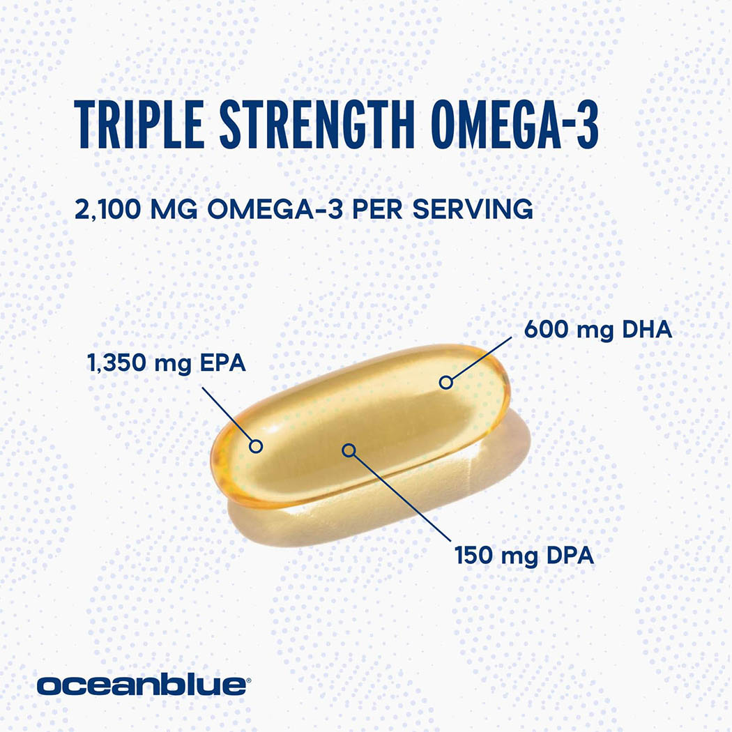 OceanBlue Omega-3 2100 â€“ 60 ct â€“ Triple Strength Burpless Fish Oil Supplement with High-Potency EPA, DHA, DPA â€“ Wild-Caught â€“ Orange Flavor (30 Servings)