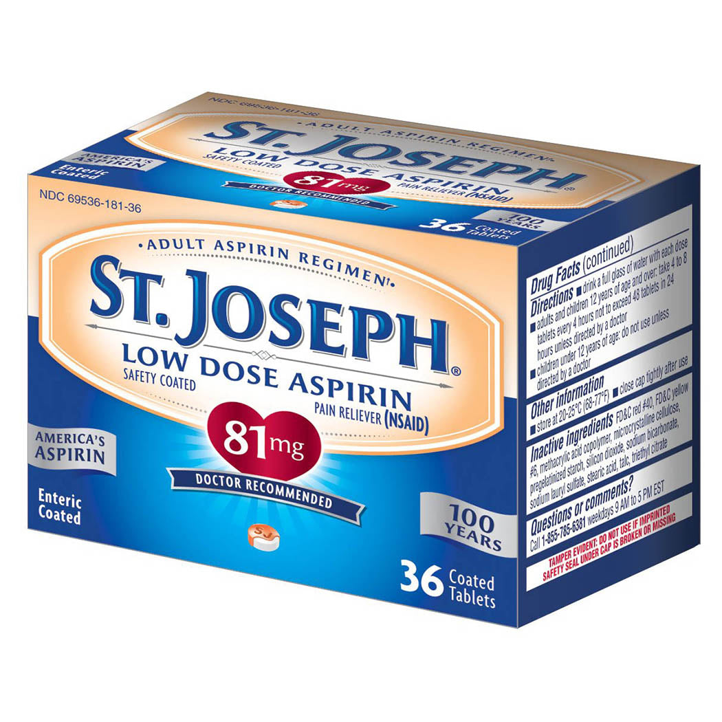 St. Joseph Aspirin Pain Reliever (NSAID) 81mg, Enteric Safety Coated, Adult Low Dose Regimen, 36 ct