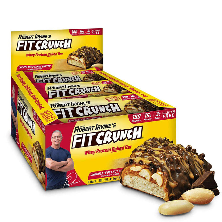 FITCRUNCH Snack Size Protein Bars, Designed by Robert Irvine, Worldâ€™s Only 6-Layer Baked Bar, Just 3g of Sugar & Soft Cake Core (9 Count, Chocolate Peanut Butter)