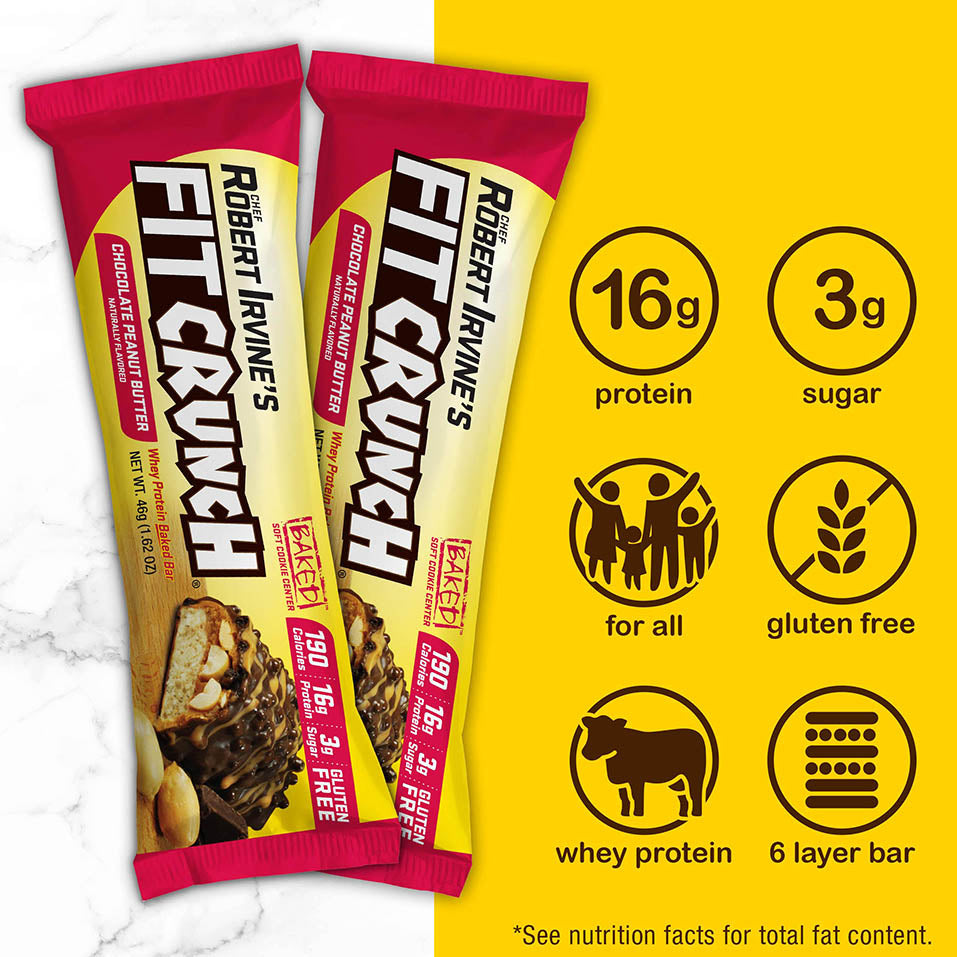 FITCRUNCH Snack Size Protein Bars, Designed by Robert Irvine, Worldâ€™s Only 6-Layer Baked Bar, Just 3g of Sugar & Soft Cake Core (9 Count, Chocolate Peanut Butter)