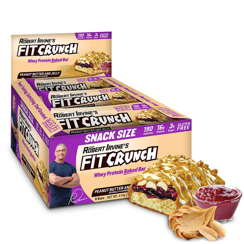 FITCRUNCH Snack Size Protein Bars, Designed by Robert Irvine, Worldâ€™s Only 6-Layer Baked Bar, Just 3g of Sugar & Soft Cake Core (9 Snack Size Bars, Peanut Butter & Jelly)