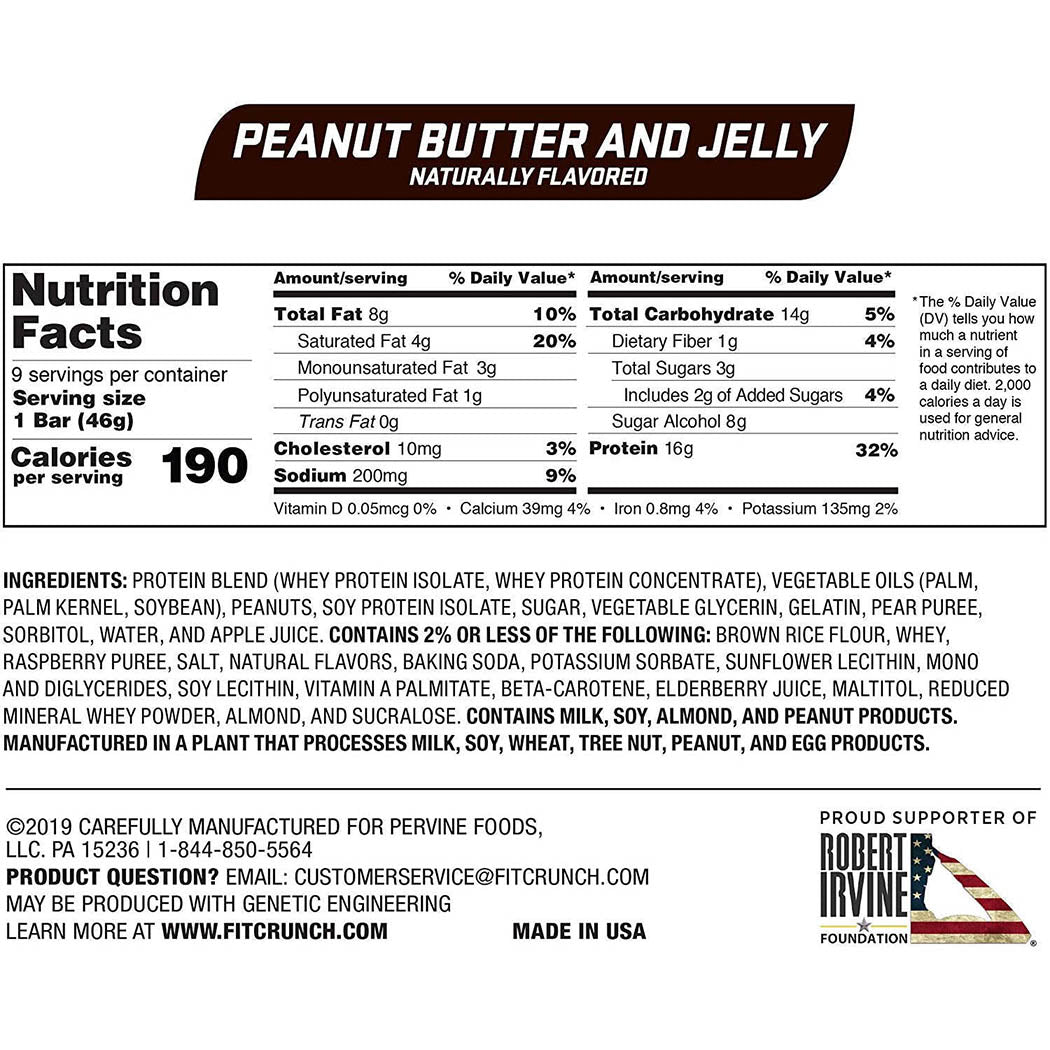 FITCRUNCH Snack Size Protein Bars, Designed by Robert Irvine, Worldâ€™s Only 6-Layer Baked Bar, Just 3g of Sugar & Soft Cake Core (9 Snack Size Bars, Peanut Butter & Jelly)