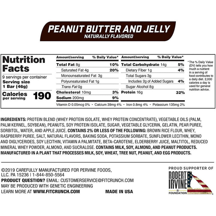 FITCRUNCH Snack Size Protein Bars, Designed by Robert Irvine, Worldâ€™s Only 6-Layer Baked Bar, Just 3g of Sugar & Soft Cake Core (9 Snack Size Bars, Peanut Butter & Jelly)