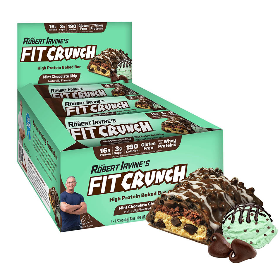 FITCRUNCH Snack Size Protein Bars, Designed by Robert Irvine, Worldâ€™s Only 6-Layer Baked Bar, Just 3g of Sugar & Soft Cake Core (9 Count, Mint Chocolate Chip)