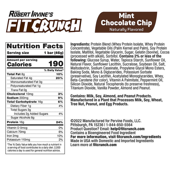 FITCRUNCH Snack Size Protein Bars, Designed by Robert Irvine, Worldâ€™s Only 6-Layer Baked Bar, Just 3g of Sugar & Soft Cake Core (9 Count, Mint Chocolate Chip)