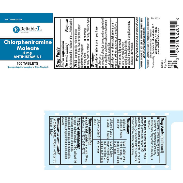 Reliable 1 Chlorpheniramine Maleate 4mg 100 Tablets