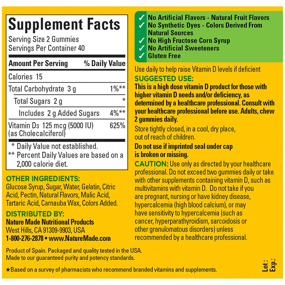 Nature Made Extra Strength Vitamin D3 5000 IU (125 mcg) per serving, Dietary Supplement for Bone, Teeth, Muscle and Immune Health Support, 80 Gummies, 40 Day Supply, 80 Count (Pack of 1)