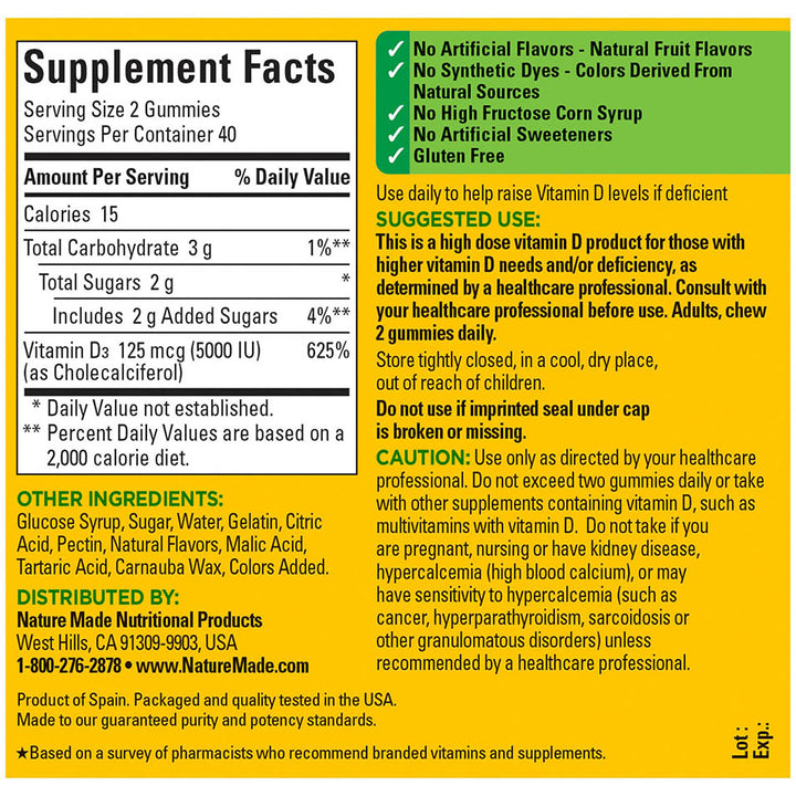 Nature Made Extra Strength Vitamin D3 5000 IU (125 mcg) per serving, Dietary Supplement for Bone, Teeth, Muscle and Immune Health Support, 80 Gummies, 40 Day Supply, 80 Count (Pack of 1)