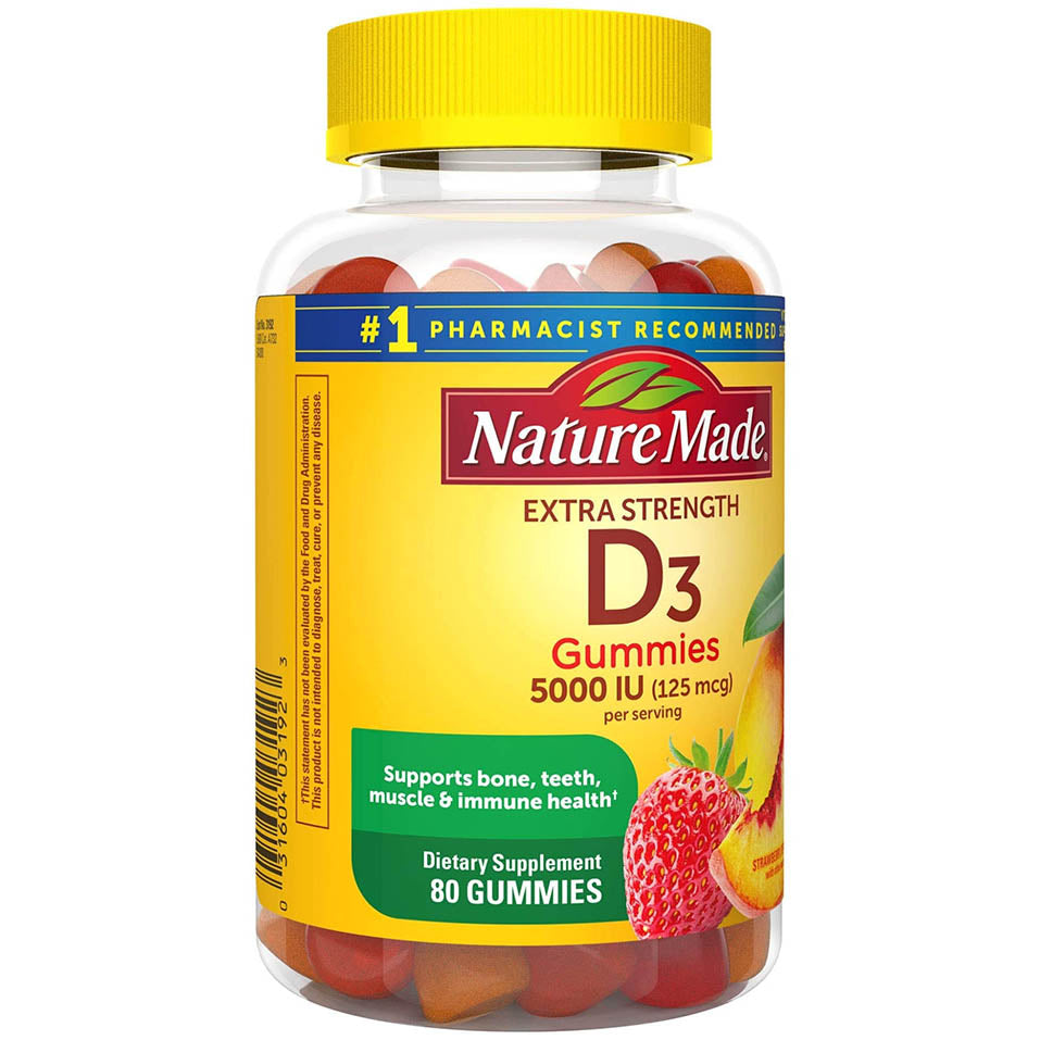 Nature Made Extra Strength Vitamin D3 5000 IU (125 mcg) per serving, Dietary Supplement for Bone, Teeth, Muscle and Immune Health Support, 80 Gummies, 40 Day Supply, 80 Count (Pack of 1)