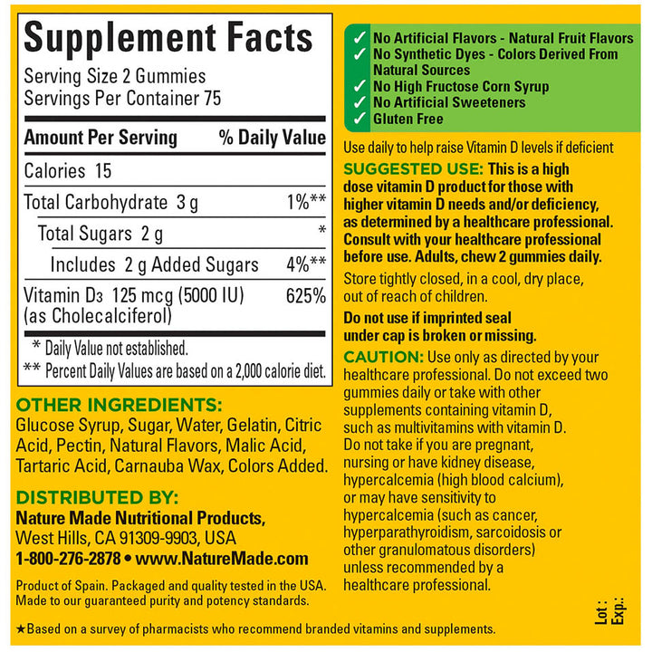 Nature Made Extra Strength Vitamin D3 5000 IU (125 mcg) per serving, Dietary Supplement for Bone, Teeth, Muscle and Immune Health Support, 150 Gummies, 75 Day Supply