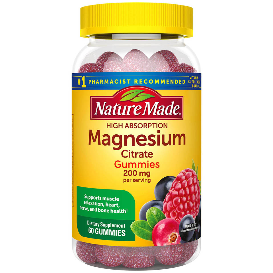 Nature Made High Absorption Magnesium Citrate 200 mg per serving, Dietary Supplement for Muscle, Nerve, Bone and Heart Support, 60 Gummies, 30 Day Supply